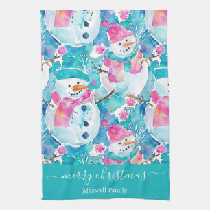 Cute turquoise snowmen script christmas tea towel