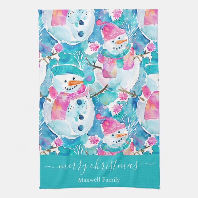 Cute turquoise snowmen script christmas tea towel (Vertical)