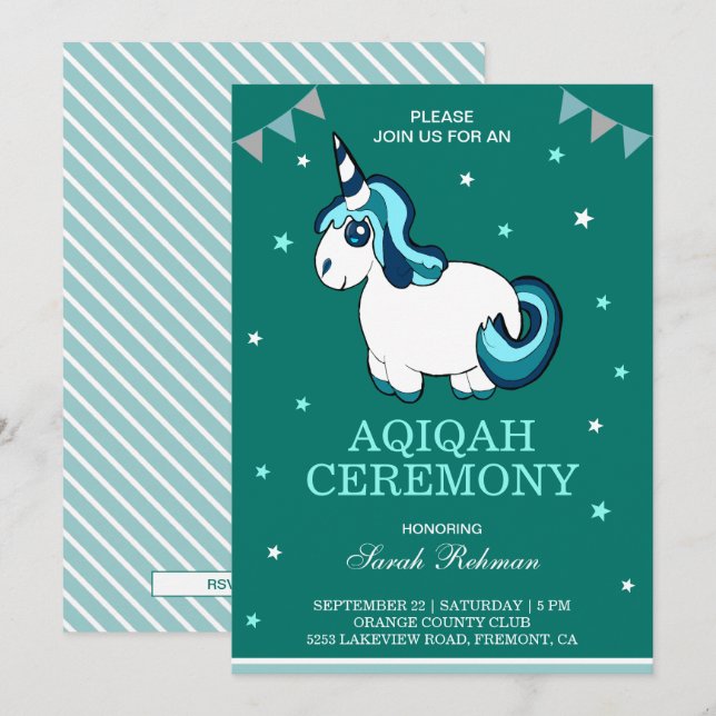 Cute Turquoise Unicorn Baby Girl Aqiqah Invitation (Front/Back)
