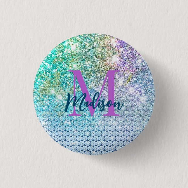 Cute Turquoise unicorn faux glitter monogram  3 Cm Round Badge (Front)