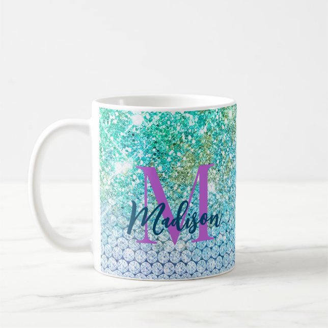 Cute Turquoise unicorn faux glitter monogram Coffee Mug (Left)