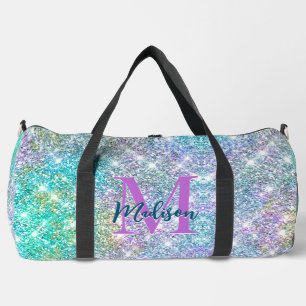 Cute Turquoise unicorn faux glitter monogram Duffle Bag