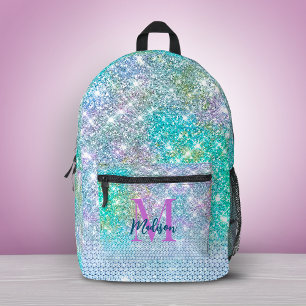 Cute Turquoise unicorn faux glitter monogram Printed Backpack