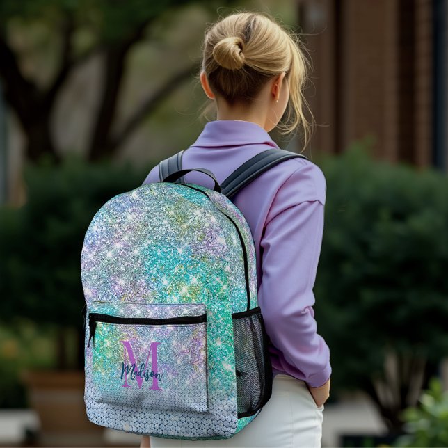 Cute Turquoise unicorn faux glitter monogram Printed Backpack (Creator Uploaded)