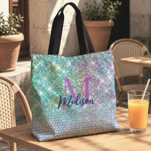 Cute Turquoise unicorn faux glitter monogram Tote Bag
