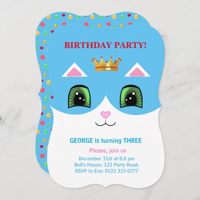 Cute Turquoise & White Prince Tuxedo Cat Birthday Invitation (Front/Back)