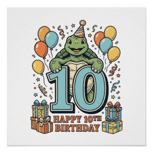 Cute Turtle 10th Birthday Vintage Party Design_1 Poster