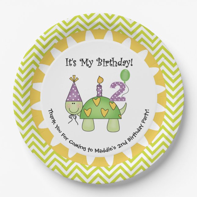 Cute Turtle 2nd Happy Birthday Paper Plates (Front)