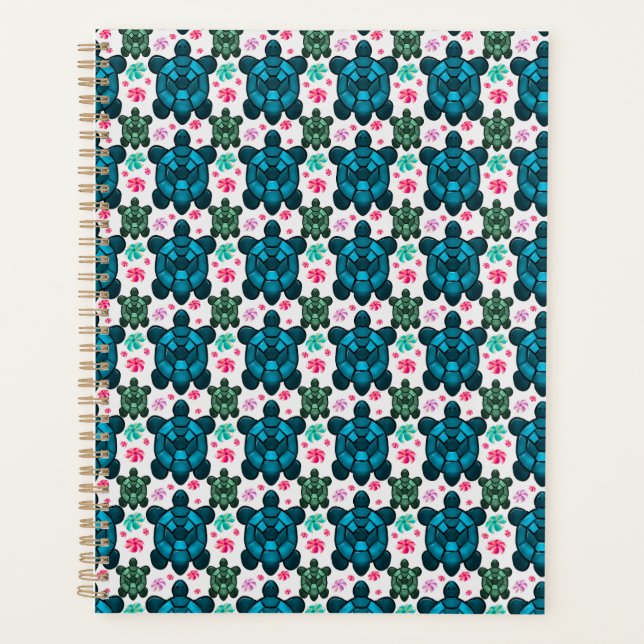 Cute Turtle and Floral Seamless Pattern  Notebook Planner (Front)