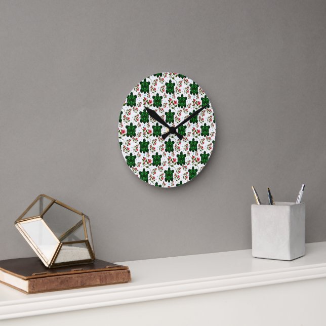 Cute Turtle and Floral Seamless Pattern  Round Clock (Office)
