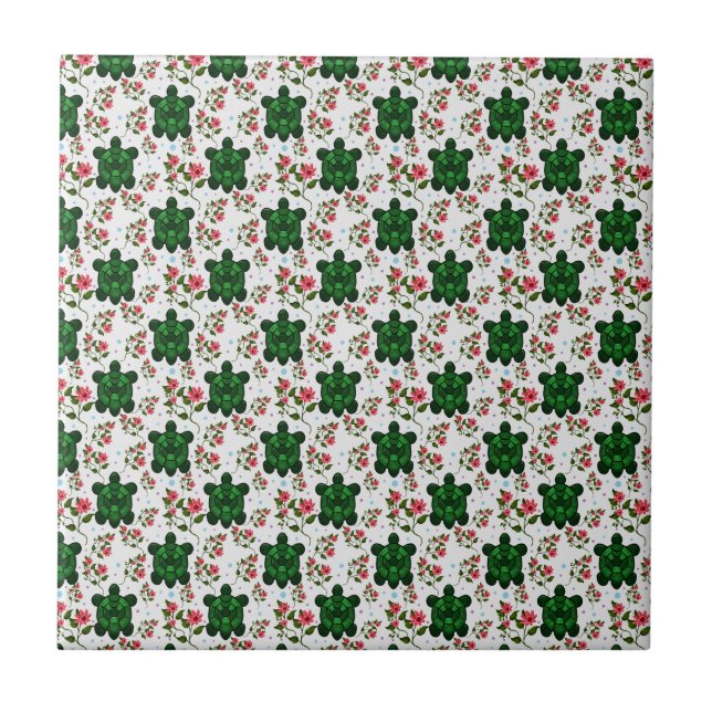 Cute Turtle and Floral Seamless Pattern  Tile (Front)