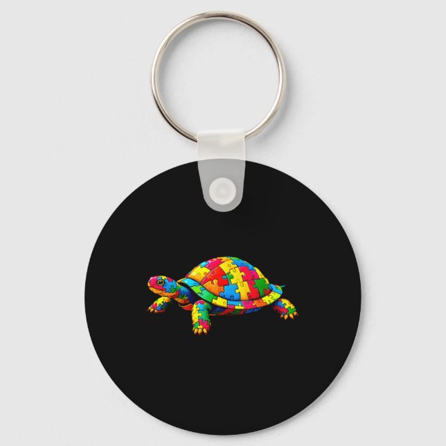 Cute Turtle And Puzzle Pieces Autism Awareness Day Key Ring (Front)