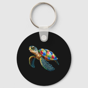 Cute Turtle And Puzzle Pieces Autism Awareness Day Key Ring