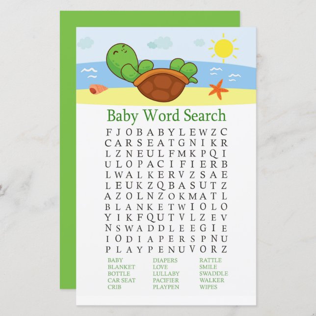 Cute Turtle Baby Shower Word Search Game (Front/Back)