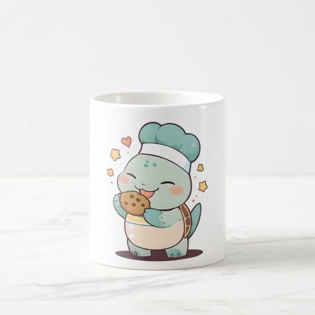 Cute Turtle Chef Eating Cookie Kawaii Design Coffee Mug (Center)