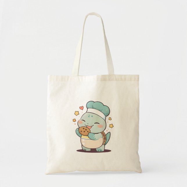Cute Turtle Chef Eating Cookie Kawaii Design Tote Bag (Front)