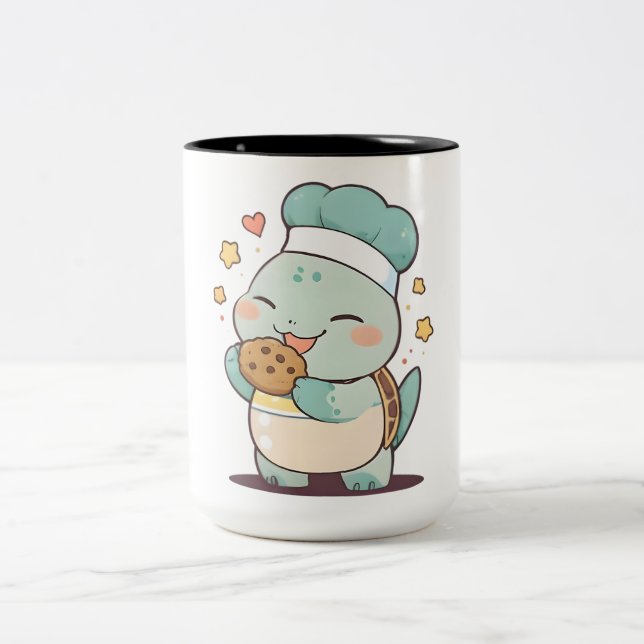 Cute Turtle Chef Eating Cookie Kawaii Design Two-Tone Coffee Mug (Center)