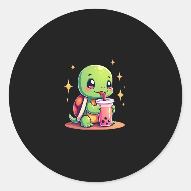 Cute turtle drinking boba. Funny Boba Turtles Love Classic Round Sticker (Front)