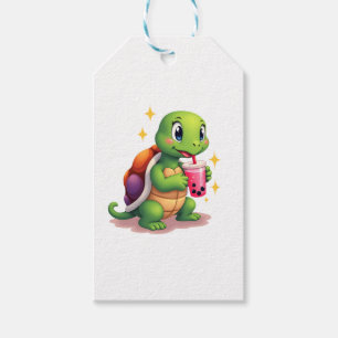 Cute turtle drinking boba. Funny Boba Turtles Love Gift Tags