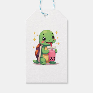 Cute turtle drinking boba. Funny Boba Turtles Love Gift Tags
