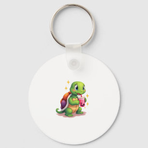 Cute turtle drinking boba. Funny Boba Turtles Love Key Ring