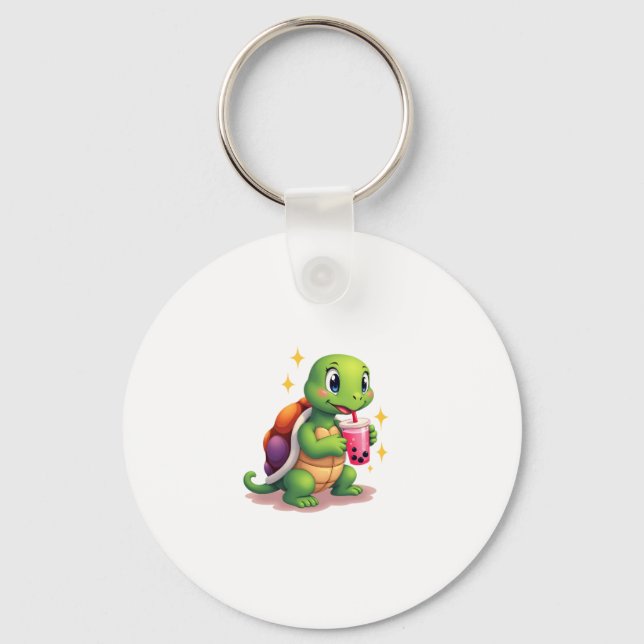 Cute turtle drinking boba. Funny Boba Turtles Love Key Ring (Front)
