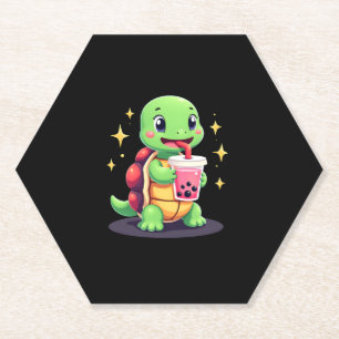 Cute turtle drinking boba. Funny Boba Turtles Love Paper Coaster