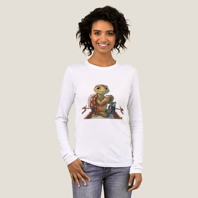 Cute Turtle Drinking Coffee White Long Sleeve T-Sh Tri-Blend Shirt (Front Full)