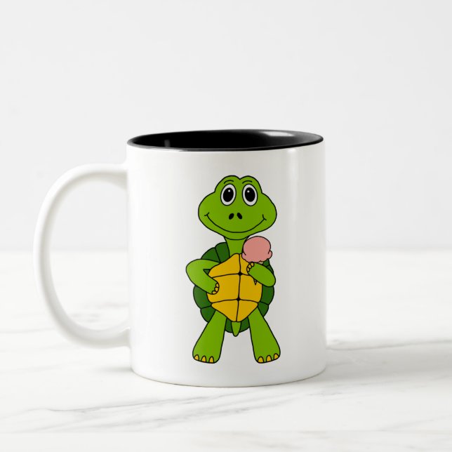Cute Turtle Eating Ice Cream Cartoon Two-Tone Coffee Mug (Left)