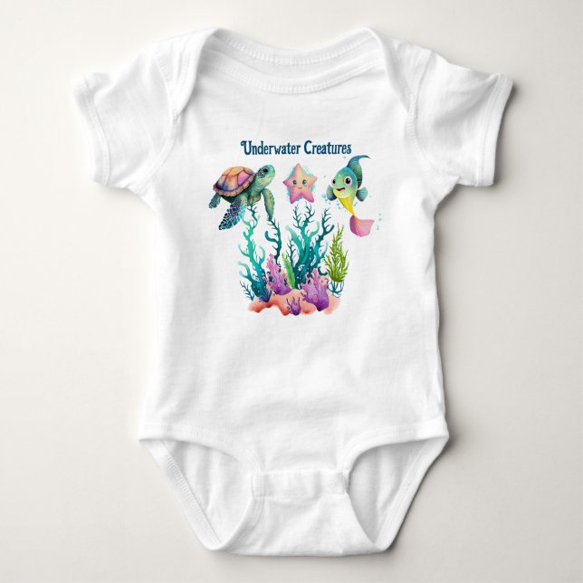 Cute turtle, fish & starfish, swimming underwater baby bodysuit (Front)