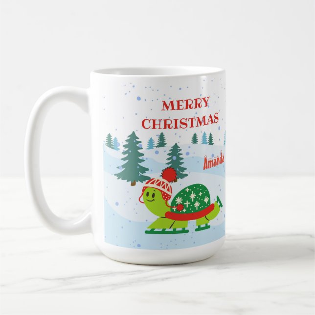 Cute Turtle Ice Skating In Winter & Christmas Name Coffee Mug (Left)