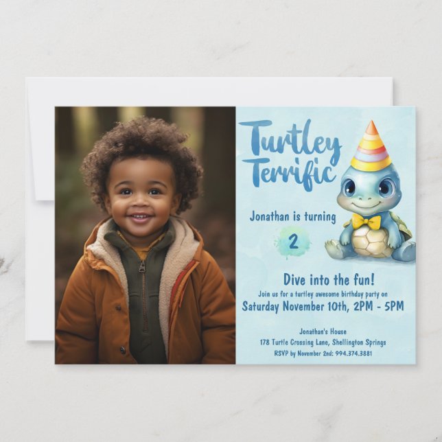 Cute turtle kids birthday photo invitation (Front)
