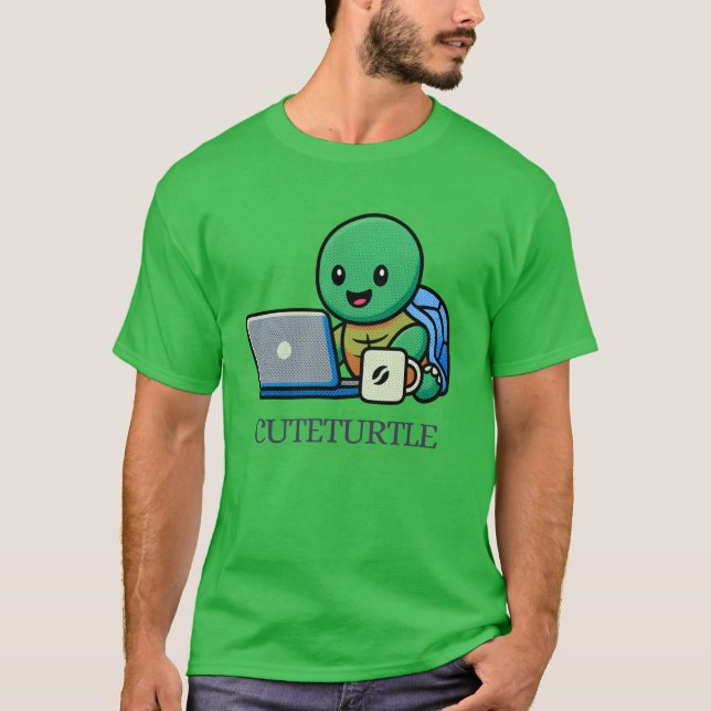 Cute Turtle Laptop Cartoon T-Shirt (Front)