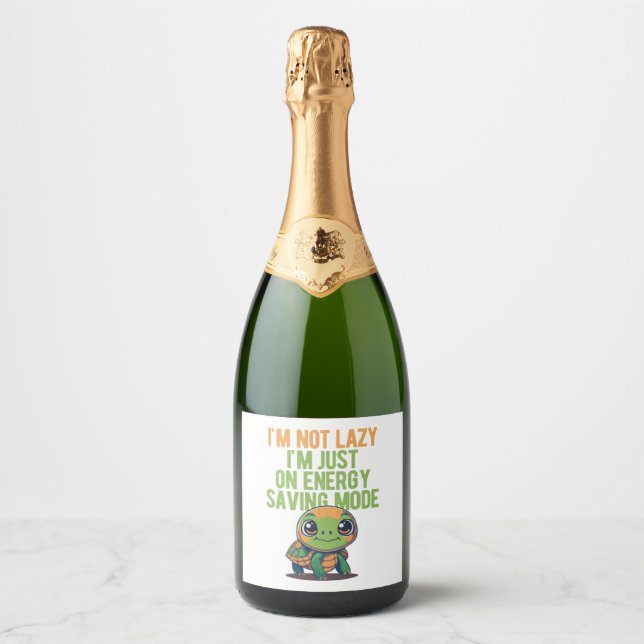 Cute Turtle, Lazy Turtle, On Energy Saving Mode Sparkling Wine Label (Front)