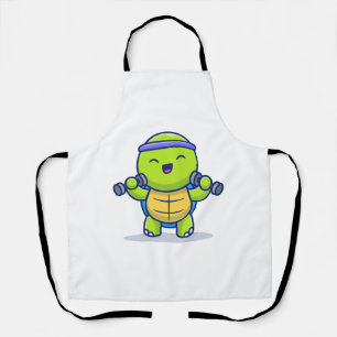 Cute Turtle Lifting Dumbbells Cartoon Illustration Apron