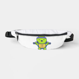 Cute Turtle Lifting Dumbbells Cartoon Illustration Bum Bags