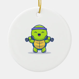 Cute Turtle Lifting Dumbbells Cartoon Illustration Ceramic Tree Decoration