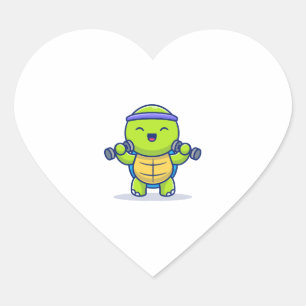 Cute Turtle Lifting Dumbbells Cartoon Illustration Heart Sticker