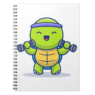 Cute Turtle Lifting Dumbbells Cartoon Illustration Notebook