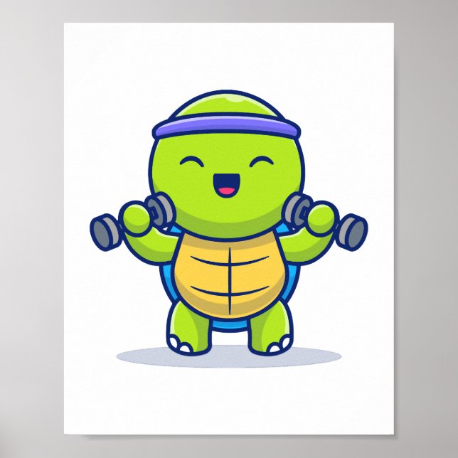 Cute Turtle Lifting Dumbbells Cartoon Illustration Poster (Front)