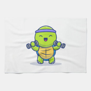 Cute Turtle Lifting Dumbbells Cartoon Illustration Tea Towel