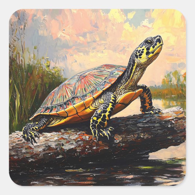 Cute Turtle on a Log Everglades Painting Square Sticker (Front)