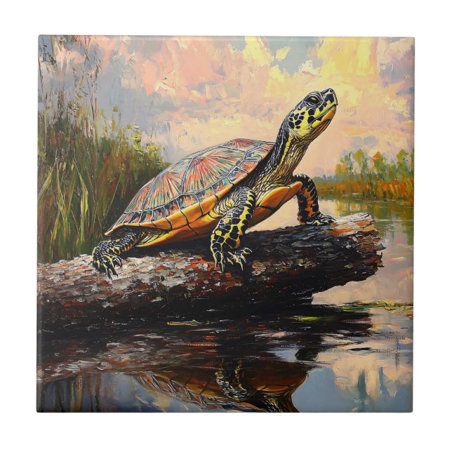 Cute Turtle on a Log Everglades Painting Tile (Front)