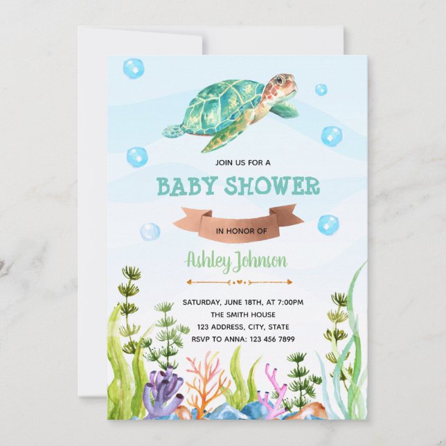 Cute turtle party theme invitation (Front)