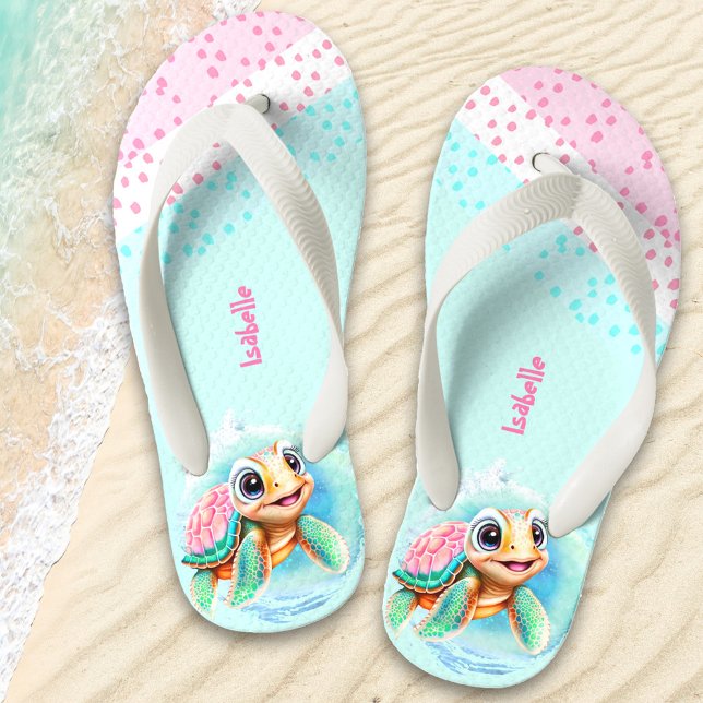 Cute Turtle Personalised Girls' Kid's Flip Flops (Creator Uploaded)