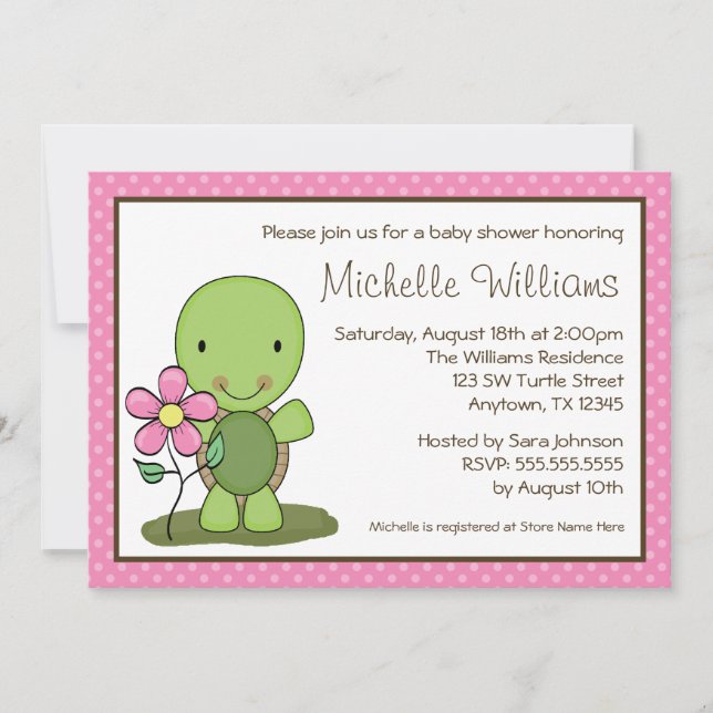Cute Turtle Pink Polka Dot Baby Shower Invitation (Front)