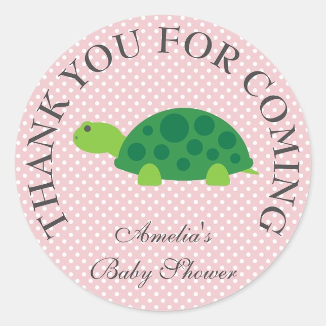 Cute turtle pink thank you baby shower sticker (Front)