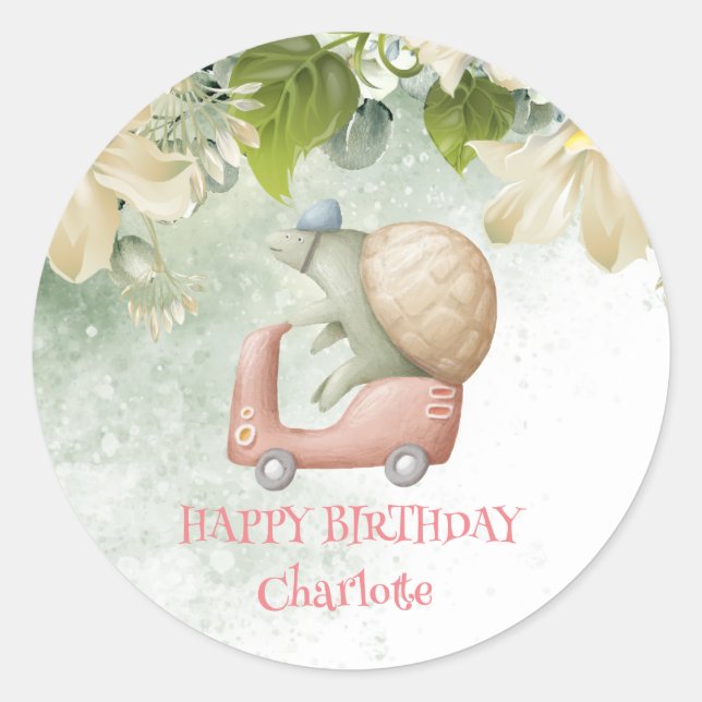 Cute turtle Safari jungle zoo bike Birthday party Classic Round Sticker (Front)