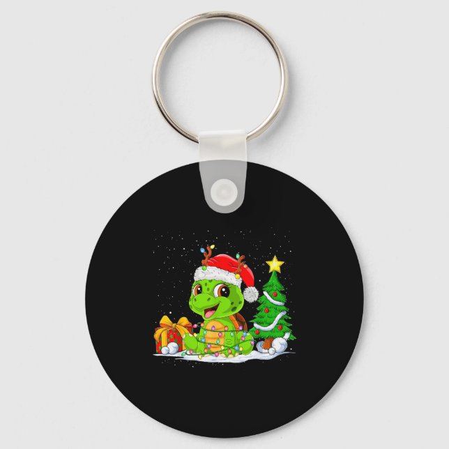 Cute Turtle Santa Christmas Tree Lights Xmas Pajam Key Ring (Front)