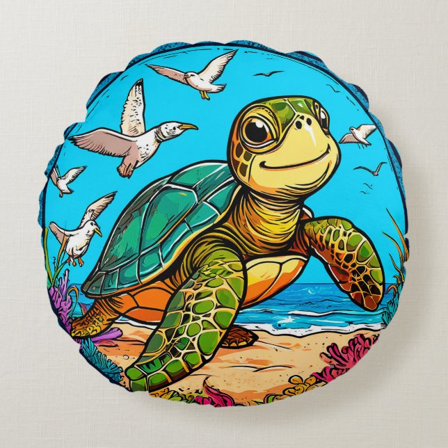 🐢 Cute Turtle Seagulls Ocean Beach Fun Design Round Cushion (Front)